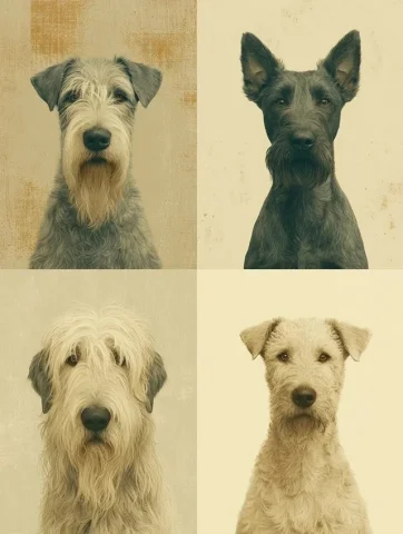 Irish Dog Breeds — Midjourney v6 AI Prompt: 4 images of irish dog breeds, whaten terrier, kerry blue, irish wolfhound, glen...