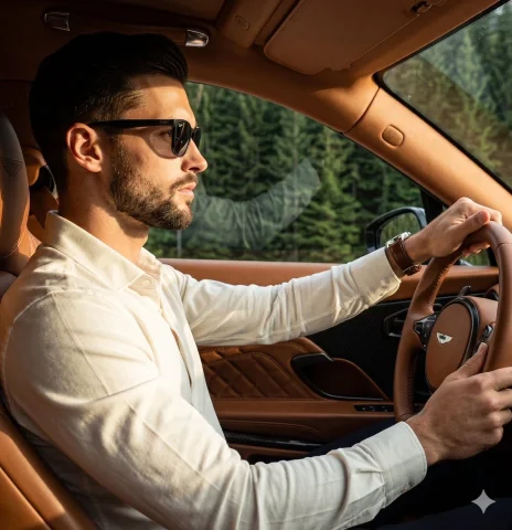 Sleek Luxury in Motion — Nano Banana 2 AI Prompt: A male in his 30s sits in profile as the primary subject, his relaxed shoulders...