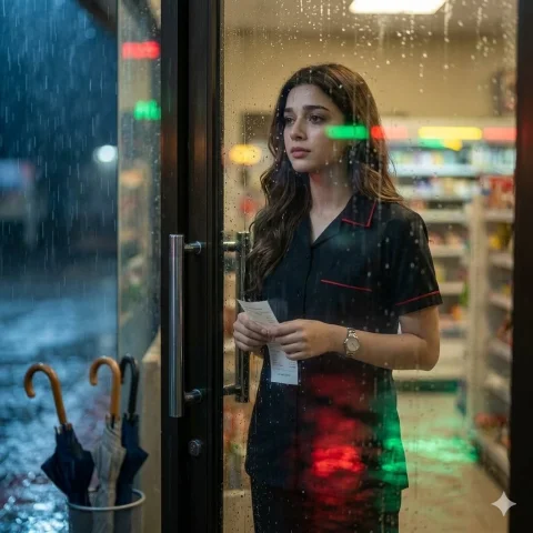 Rain-Streaked Reflection of a Thoughtful Cashier — Nano Banana 2 AI Prompt: A young female cashier (same face as reference image), early 20s, soft natural b...