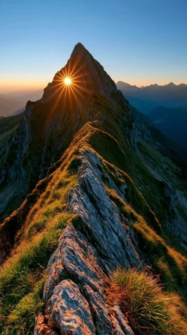 Majestic Mountain Peak at Sunrise — Nano Banana 2 AI Prompt: A real photo taken with a mobile phone, bright scene, wide-angle shot from a low...