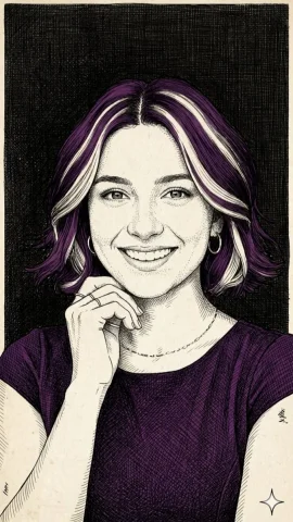 Cross-Hatched Portrait of a Young Woman with Purple Hair — Nano Banana 2 AI Prompt: Stylized digital illustration of a young woman with a warm, confident smile, exe...