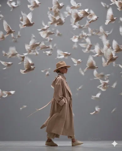 Grace in Motion Amid White Doves — Nano Banana 2 AI Prompt: A high-fashion cinematic shot of a beautiful young Russian woman with soft, glow...