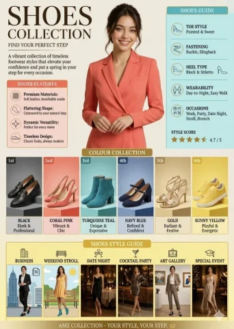 Elegant Footwear Infographic with Lifestyle Focus — Nano Banana 2 AI Prompt: An elegantly designed, vertical fashion infographic titled "SHOES COLLECTION: Fi...