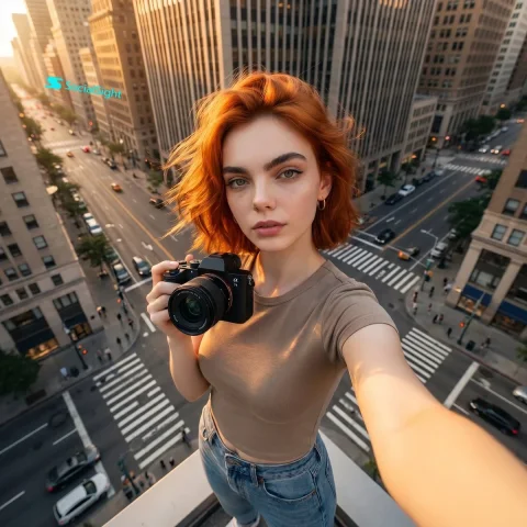 Towering Selfie at Golden Hour — Nano Banana 2 AI Prompt: A confident woman taking a dramatic selfie while standing at the edge of a tall...