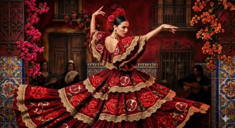 Flamenco Elegance in Crimson Motion — Nano Banana 2 AI Prompt: A luxurious high-fashion editorial featuring an elegant woman in a dramatic mid-...