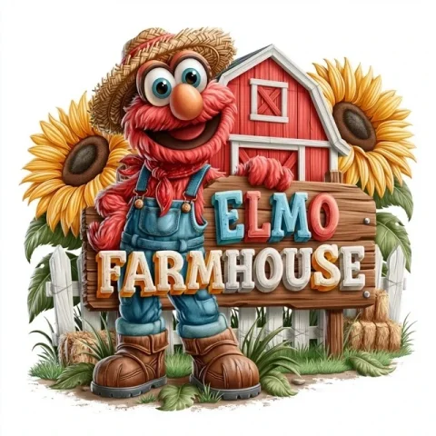 Elmo on the Farm — Midjourney v6 AI Prompt: Elmo wearing blue denim overalls, a straw farmer hat, red bandana, and brown far...