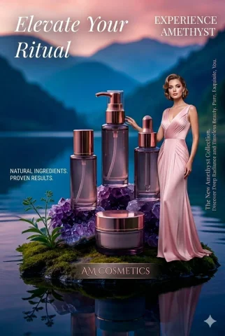A Timeless Glow: AM Cosmetics Amethyst Collection — Nano Banana 2 AI Prompt: High-resolution product photography for a luxurious skincare collection by "AM C...
