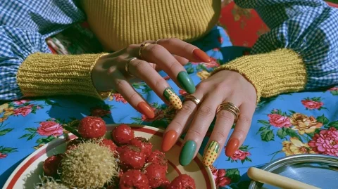Happy Nail Display — Midjourney v6 AI Prompt: 非常漂亮时尚的美女在展示自己的美甲，很开心快乐 --ar 16:9 --sref 3371742320 --raw...