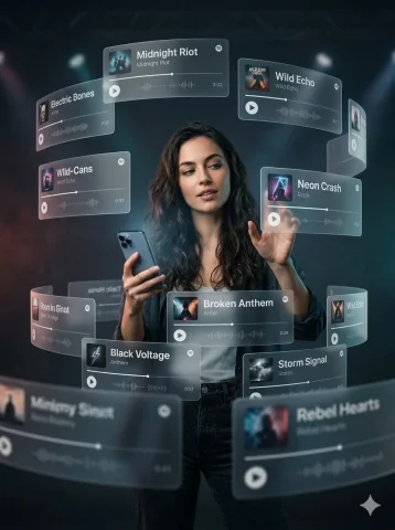 Cinematic Tech Muse with Floating Music UI — Nano Banana 2 AI Prompt: Create a premium 3:4 vertical cinematic AR poster of a stylish young woman holdi...