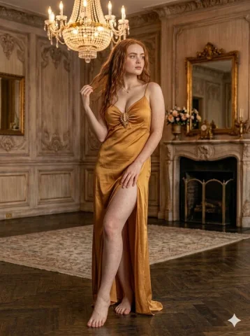 Grace in Golden Hues — Nano Banana 2 AI Prompt: { "image_prompt": { "subject": "Young woman with pale skin, prominen...