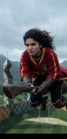 Soaring Above the Quidditch Pitch — Nano Banana 2 AI Prompt: Use the attached image and copy the facial features exactly. Create a hyper-real...