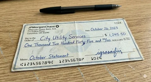 Weathered Bank Check on a Wooden Desk — Nano Banana 2 AI Prompt: { "image_request": { "prompt": "A highly realistic, photorealistic c...