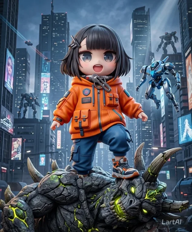 Cyberpunk Hero Standing Over Fallen Monster