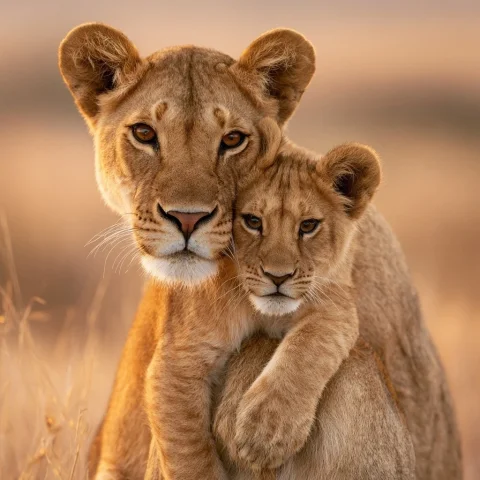 Lioness and Cub — Nano Banana 2 AI Prompt: Retrato vertical hiperrealista de una leona madre abrazando y protegiendo a su c...