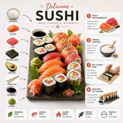 Mastering Sushi: A Step-by-Step Guide — Nano Banana 2 AI Prompt: { "prompt": "An educational food infographic titled 'Delicious SUSHI' in bol...