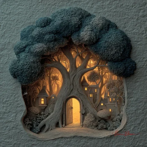 Hidden Portal in an Ancient Oak — Nano Banana 2 AI Prompt: A tiny door, intricately carved into the trunk of an ancient oak tree, leading t...
