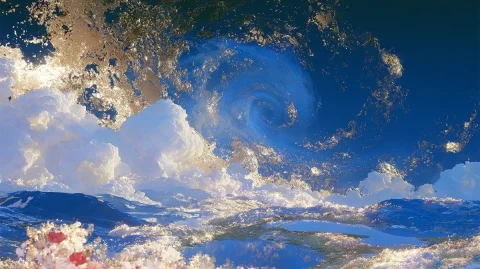 Dreamy Vortex — Nano Banana 2 AI Prompt: A breathtaking giant spiral vortex hangs in the sky, faint misty swirling clouds...