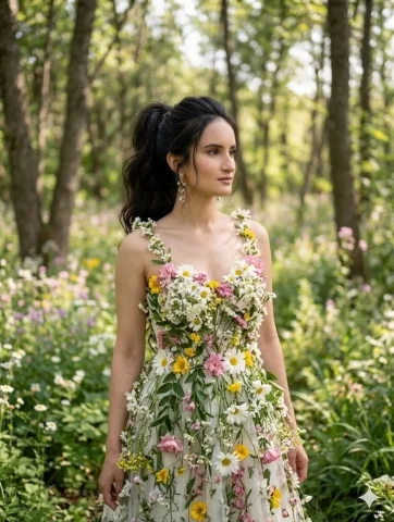 Floral Harmony in a Sunlit Forest — Nano Banana 2 AI Prompt: { "prompt": "A young woman with a long dark ponytail stands in a wildflower-...