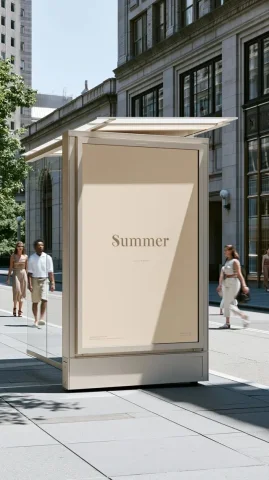 Summer NYC Bus Stop — Nano Banana 2 AI Prompt: summer New York City bus stop, static camera shot, ultra-clean and sophisticated...