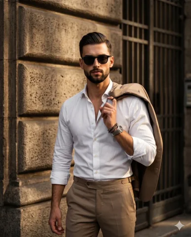 Cinematic Street-Style Portrait of Urban Elegance — Nano Banana 2 AI Prompt: A stylishly dressed adult male stands facing the camera in a sophisticated stree...