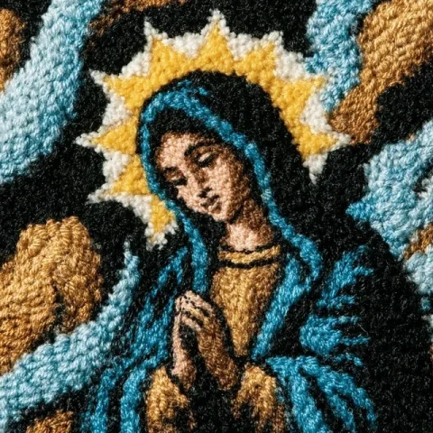 Textile Art of Mary — Midjourney v6 AI Prompt: textile art in a punch needle style illustrating the mary. the figure is centere...
