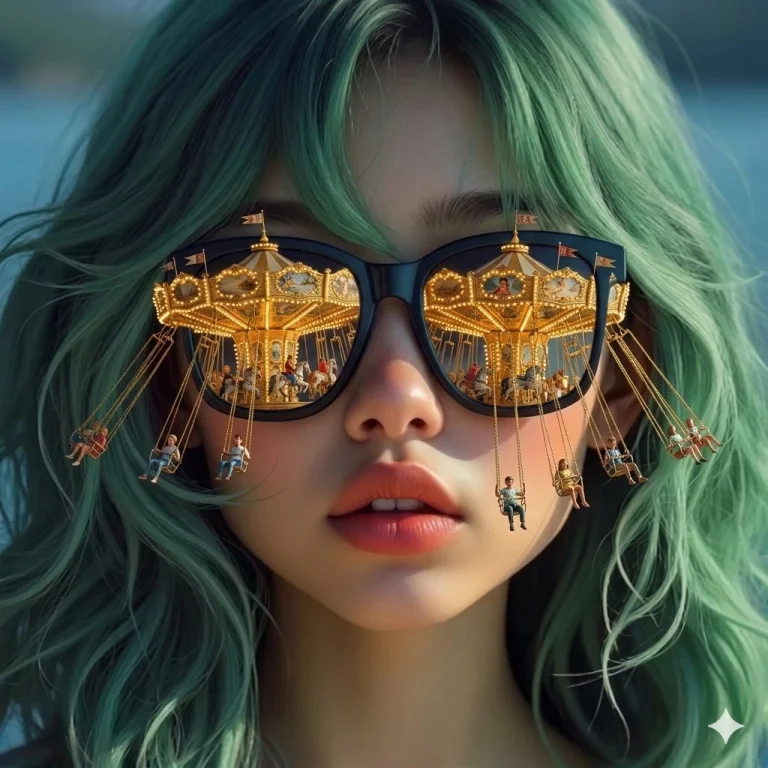 Mint-Haired Visionary with Carnival Worlds in Sunglasses