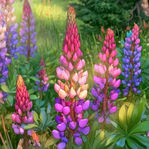 Tall Beautiful Flowers — Midjourney v6 AI Prompt: tall cone-shaped beautiful flowers in the field, lupines, bright colors, cartoon...