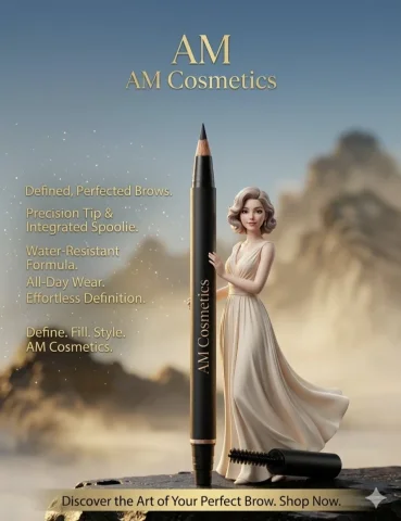 Luxury Matte Black Eyebrow Pencil in Cinematic Mountain Scene — Nano Banana 2 AI Prompt: A professional 3D-rendered advertisement for "AM Cosmetics." Centered in the fra...
