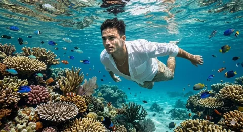 Underwater Serenity Amid Vibrant Reefs — Nano Banana 2 AI Prompt: A young man swimming underwater near coral reefs wearing a half-open white linen...