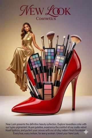 Gilded Elegance on a Towering Red Heel — Nano Banana 2 AI Prompt: A high-fashion surrealist advertisement for a luxury makeup brand. The central f...