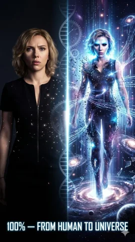 The Evolution of Lucy: From Human to God-like Power — Nano Banana 2 AI Prompt: Create a dramatic vertical split-screen cinematic poster with a glowing energy d...