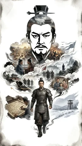 The General's Legacy — Nano Banana 2 AI Prompt: A vertical cinematic montage poster in the style of traditional ink-wash paintin...