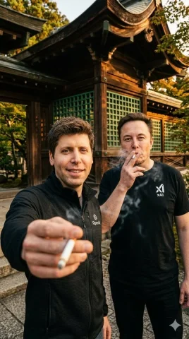 Golden Hour Portrait: Altman and Musk in Ornate Courtyard — Nano Banana 2 AI Prompt: A high-quality, cinematic portrait in a 9:16 aspect ratio featuring Sam Altman a...