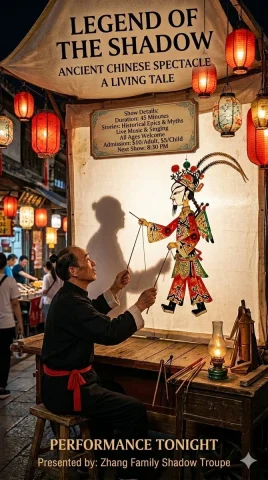 Master Puppeteer in Lantern Glow — Nano Banana 2 AI Prompt: { "scene": "Traditional shadow puppet performance at a night market", "s...