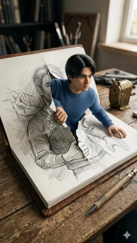 The Boundaries Between Art and Reality — Nano Banana 2 AI Prompt: A high-detail, surrealist photograph of an open sketchbook resting on a rustic w...