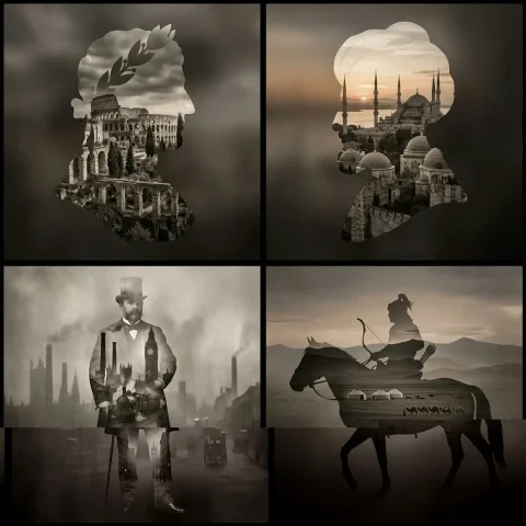 Echoes of Ancient Empires — Nano Banana 2 AI Prompt: 2x2 grid, do this for 4 famous empires of the past: Function Render_Double_Expos...