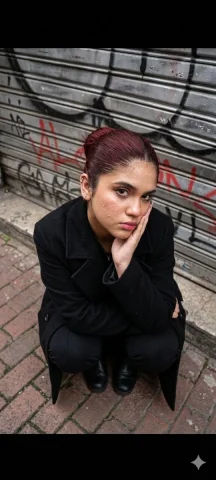 Urban Edge: The Art of Subtle Imperfection — Nano Banana 2 AI Prompt: A high-angle shot depicts a young [reference image ethnicity] woman with distinc...