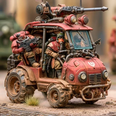 Space Marine and Tech Priest — Midjourney v6 AI Prompt: a spacemarine scout, imperial guard heavy gunner and a adeptus mechanicus tech p...