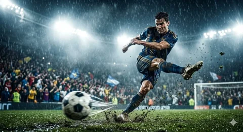 Unstoppable Force in the Storm — Nano Banana 2 AI Prompt: { "prompt": "Epic low-angle cinematic football shot of a soccer player strik...
