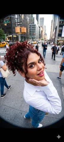Urban Dreams in Motion — Nano Banana 2 AI Prompt: A high-angle, wide-angle fisheye shot features a beautiful young [reference imag...