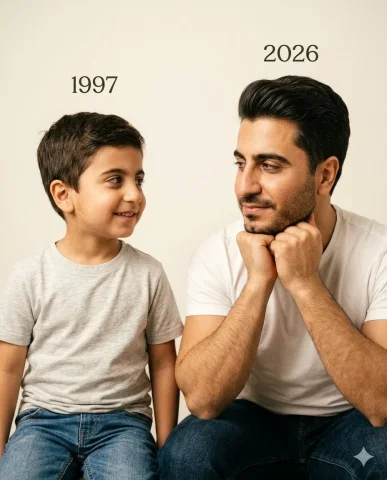 Mirror Across Time: 1997 Meets 2026 — Nano Banana 2 AI Prompt: Create a picture with the following details: On the left: a child version of me...