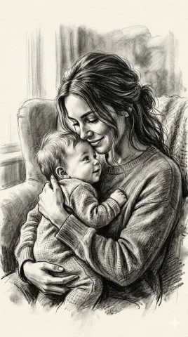 Mother's Embrace — Nano Banana 2 AI Prompt: ​A beautiful, vertical charcoal drawing of a young woman tenderly cradling her i...