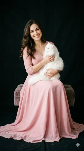 Serene Beauty with a Persian Cat — Nano Banana 2 AI Prompt: ​A high-quality studio portrait of a smiling young woman with long, wavy brunett...