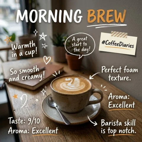 Coffee Chronicles — Nano Banana 2 AI Prompt: → Generate an SNS-style image that combines magazine-style design with realistic...