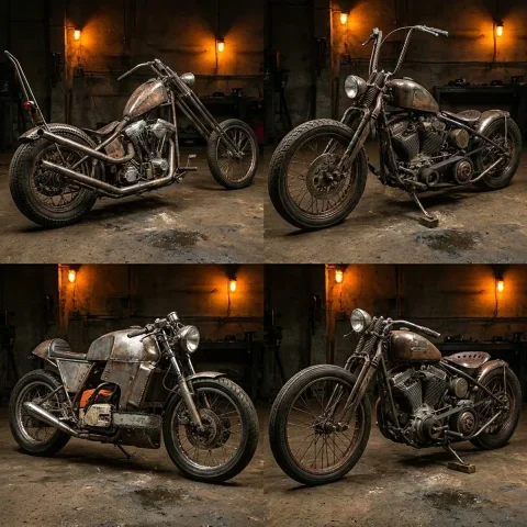 Scrapyard Legends: Four Iconic Choppers Reimagined — Nano Banana 2 AI Prompt: A 2x2 grid of historically famous choppers and bikes welded from scrapyard items...