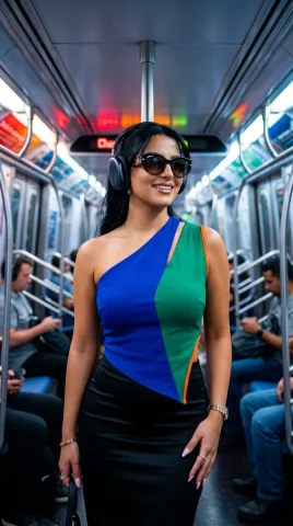 Cinematic Subway Elegance — Nano Banana 2 AI Prompt: A stylish, fashion-forward woman standing inside a modern subway train, captured...