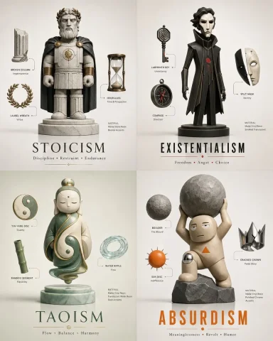 4 Philosophy Systems as 3D Designer Art Toys — Nano Banana 2 AI Prompt: 2x2 grid, do this for 4 famous philosophy system: Render_Target = ( 3D_Designer...