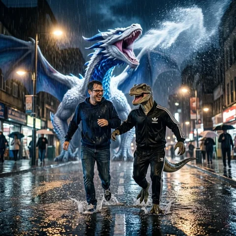 A Storm of Legends — Nano Banana 2 AI Prompt: A man with glasses and a humanoid dinosaur wearing a black Adidas tracksuit are...