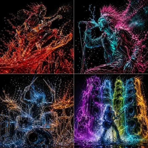 Liquid Energy: Rock Concerts in Motion — Nano Banana 2 AI Prompt: A 2x2 grid of high-energy 4 famous rock concert music performances frozen in col...