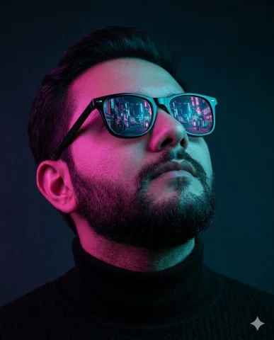 Neon Reflections in Cyberpunk Shadows — Nano Banana 2 AI Prompt: Close-up portrait of the uploaded person viewed from a dramatic low-angle perspe...